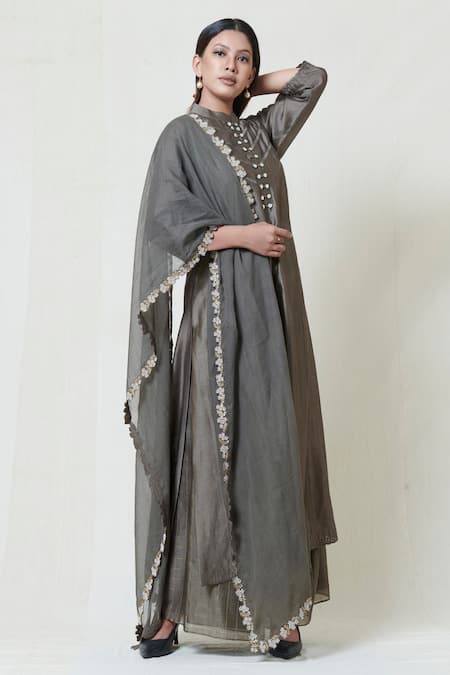 Shop Brij Grey Chanderi Band Collar Kurta Palazzo Set at Aza Fashions Shop_Brij_Grey Chanderi Band Collar Kurta Palazzo Set _at_Aza_Fashions