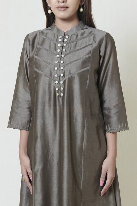 Buy Brij Grey Chanderi Band Collar Kurta Palazzo Set Online at Aza Fashions Buy_Brij_Grey Chanderi Band Collar Kurta Palazzo Set _Online_at_Aza_Fashions