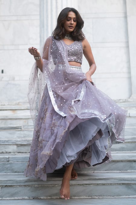 Gopi Vaid_Purple Blouse Cotton Silk Lehenga Organza Dupatta Net V Neck Set _Online_at_Aza_Fashions