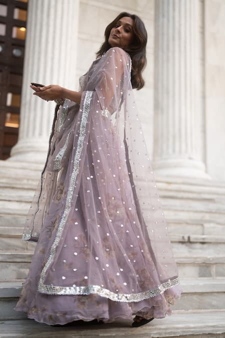 Shop_Gopi Vaid_Purple Blouse Cotton Silk Lehenga Organza Dupatta Net V Neck Set _Online_at_Aza_Fashions