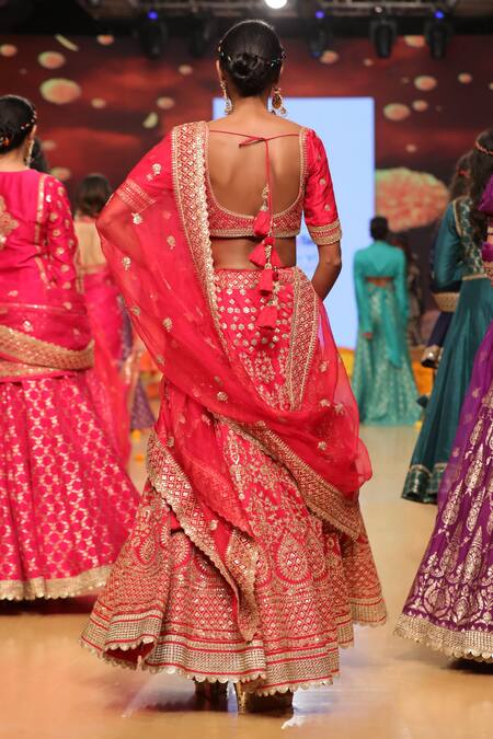Shop_Gopi Vaid_Red Tussar Embroidery Scoop Neck Bridal Lehenga Set _at_Aza_Fashions