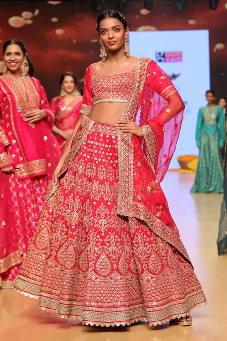 Gopi Vaid_Red Tussar Embroidery Scoop Neck Bridal Lehenga Set _Online_at_Aza_Fashions