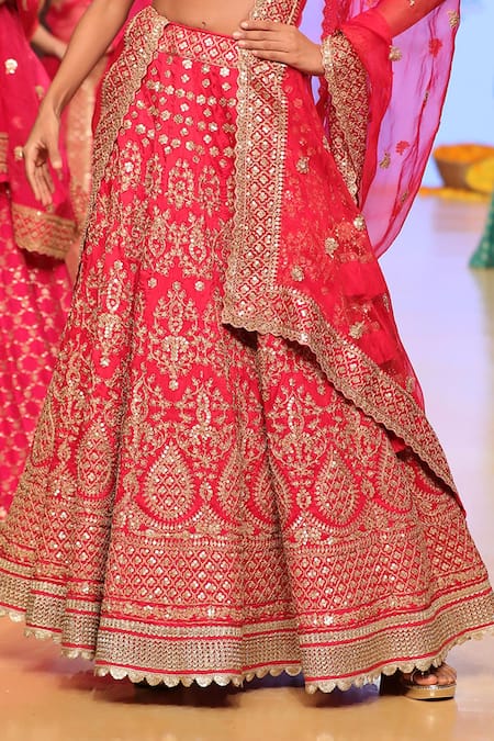 Shop_Gopi Vaid_Red Tussar Embroidery Scoop Neck Bridal Lehenga Set _Online_at_Aza_Fashions