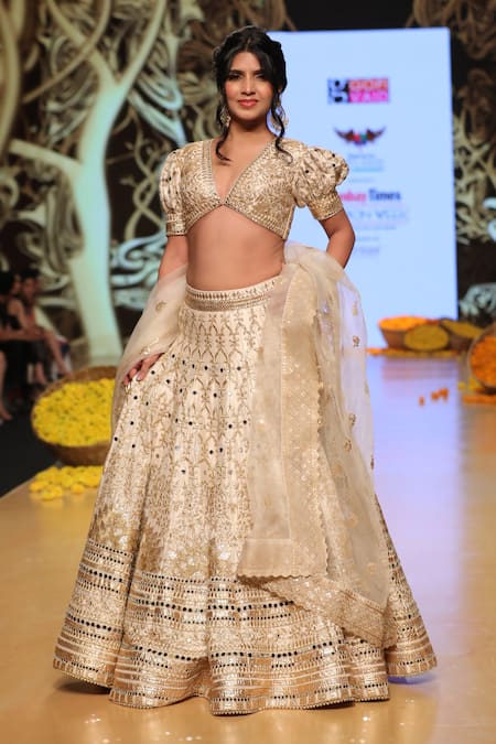 Gopi Vaid_White Organza, Tussar V Neck Embroidered Bridal Lehenga Set _Online_at_Aza_Fashions
