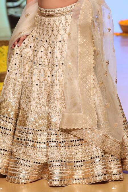 Shop Gopi Vaid White Organza, Tussar V Neck Embroidered Bridal Lehenga Set Online at Aza Fashions Shop_Gopi Vaid_White Organza, Tussar V Neck Embroidered Bridal Lehenga Set _Online_at_Aza_Fashions
