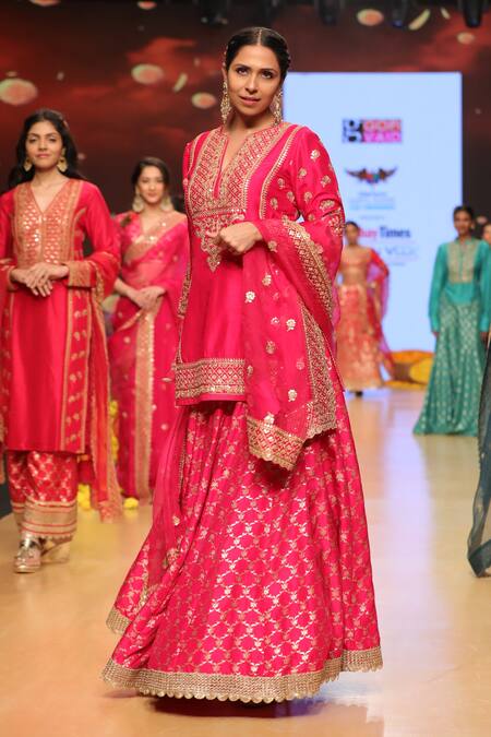 Gopi Vaid_Pink Organza, Brocade Notched Embroidered Lehenga Set_Online_at_Aza_Fashions