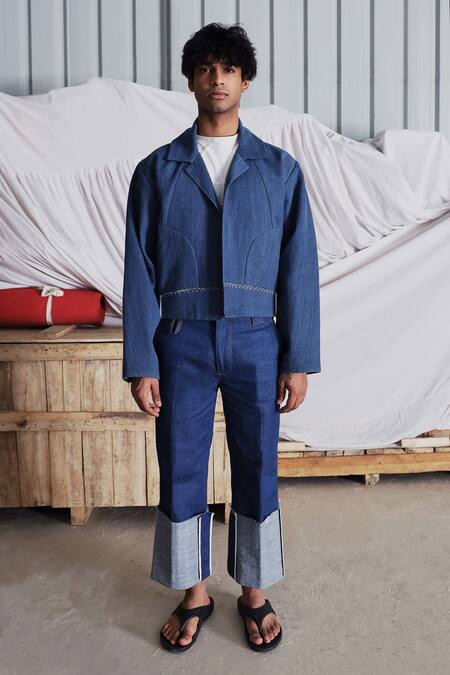 Buy_Leh Studios_Blue Handloom Cotton Denim Jacket_Online_at_Aza_Fashions