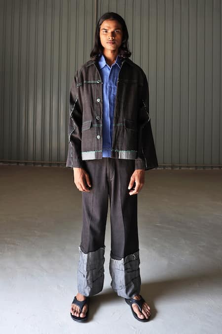 Leh Studios_Black Handloom Cotton Denim Jacket_Online_at_Aza_Fashions