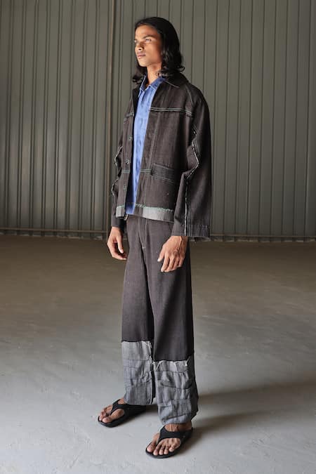 Buy_Leh Studios_Black Handloom Cotton Denim Jacket_Online_at_Aza_Fashions