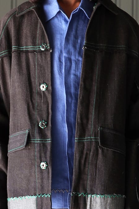 Shop_Leh Studios_Black Handloom Cotton Denim Jacket_Online_at_Aza_Fashions