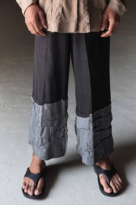 Leh Studios_Black Handloom Cotton Denim Jeans_Online_at_Aza_Fashions