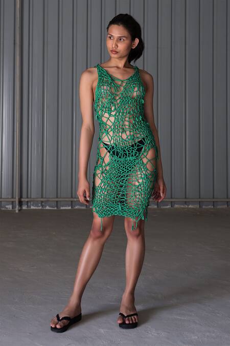 Leh Studios Green Cotton Pique Knit Round Hand-knitted Dress Online at Aza Fashions Leh Studios_Green Cotton Pique Knit Round Hand-knitted Dress_Online_at_Aza_Fashions