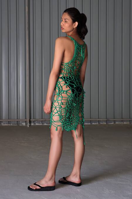 Buy Leh Studios Green Cotton Pique Knit Round Hand-knitted Dress Online at Aza Fashions Buy_Leh Studios_Green Cotton Pique Knit Round Hand-knitted Dress_Online_at_Aza_Fashions