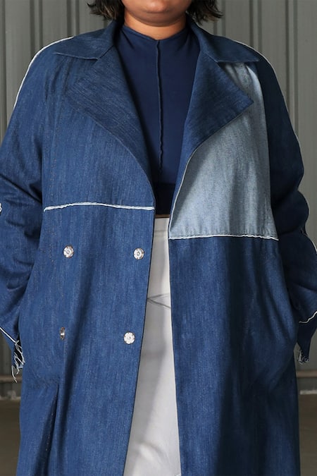 Leh Studios_Blue Canvas Denim Notched Collar Jacket_Online_at_Aza_Fashions