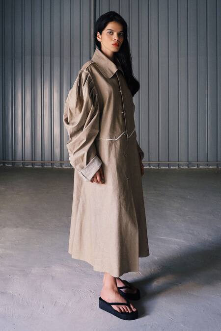 Leh Studios_Beige Canvas Linen Shirt Collar Jacket Dress_Online_at_Aza_Fashions