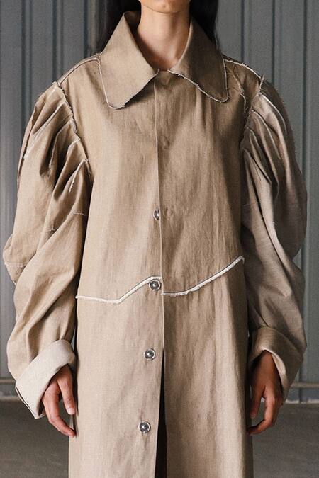 Shop_Leh Studios_Beige Canvas Linen Shirt Collar Jacket Dress_Online_at_Aza_Fashions
