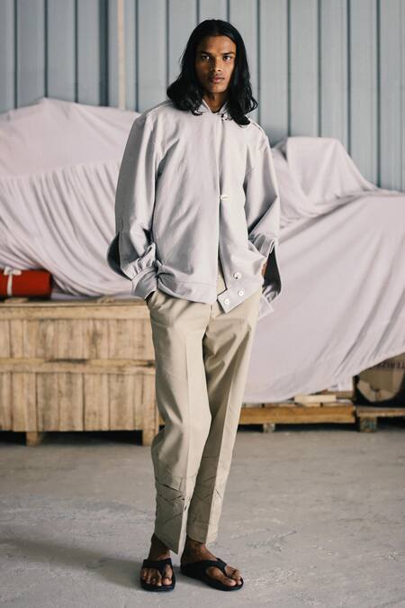 Leh Studios_White Terry Knit Mandarin Collar Jacket_Online_at_Aza_Fashions