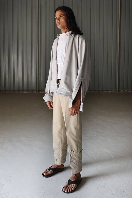 Buy_Leh Studios_White Terry Knit Mandarin Collar Jacket_Online_at_Aza_Fashions