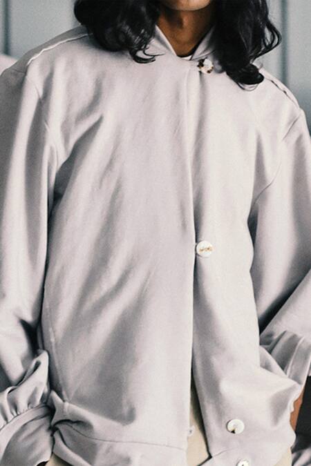 Shop_Leh Studios_White Terry Knit Mandarin Collar Jacket_Online_at_Aza_Fashions