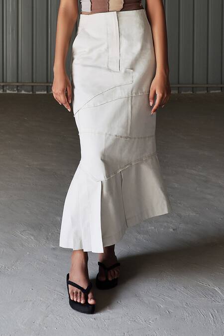 Buy_Leh Studios_White Cotton Gabardine Panelled Skirt_Online_at_Aza_Fashions