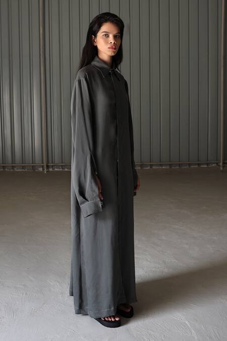 Leh Studios_Grey Sandwashed Silk Shirt Collar Upcycled Dress_Online_at_Aza_Fashions