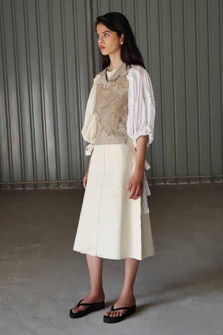 Leh Studios_Beige Canvas Linen V Neck Top_Online_at_Aza_Fashions