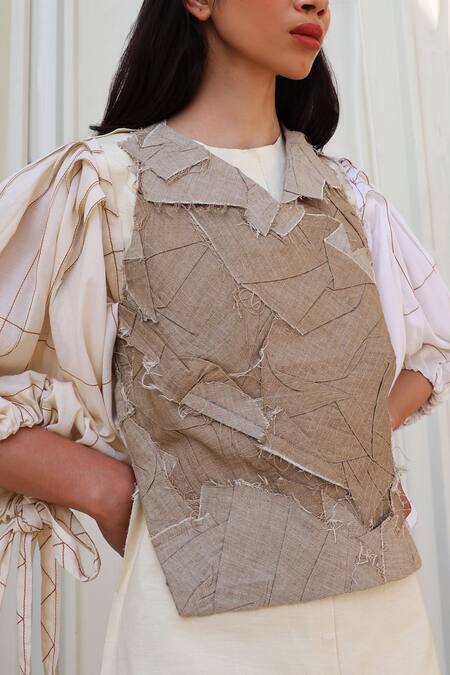 Buy_Leh Studios_Beige Canvas Linen V Neck Top_Online_at_Aza_Fashions