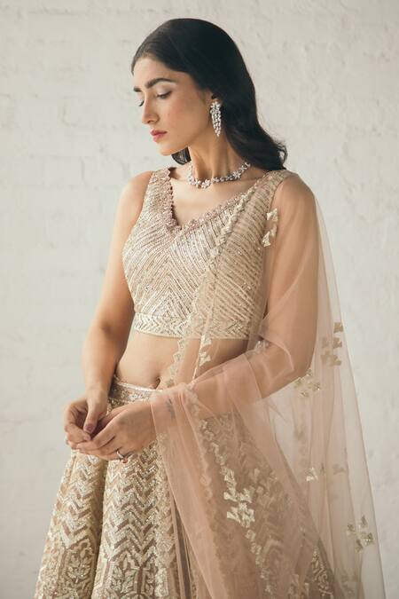 Studio Iris India_Beige Organza V Neck Embroidered Bridal Lehenga Set_Online_at_Aza_Fashions
