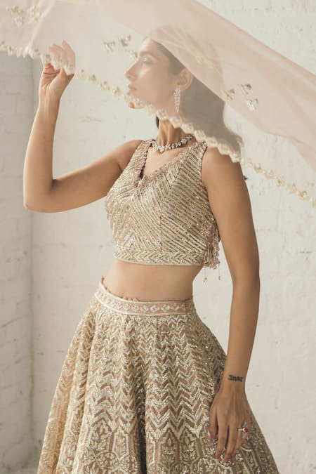 Buy_Studio Iris India_Beige Organza V Neck Embroidered Bridal Lehenga Set_Online_at_Aza_Fashions