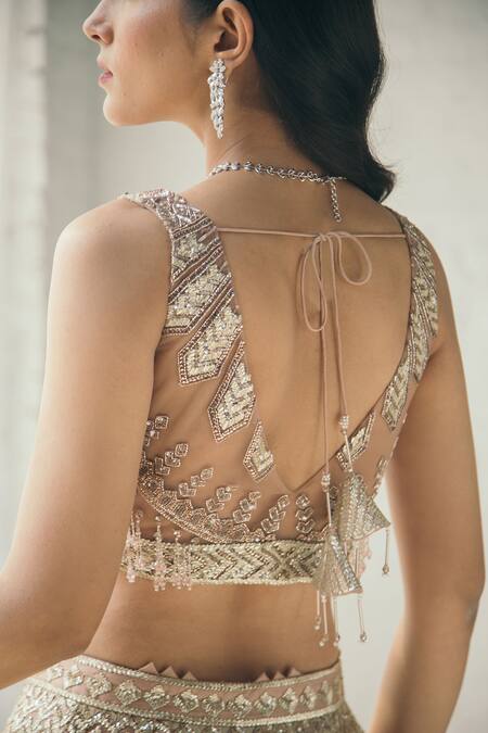 Shop_Studio Iris India_Beige Organza V Neck Embroidered Bridal Lehenga Set_Online_at_Aza_Fashions