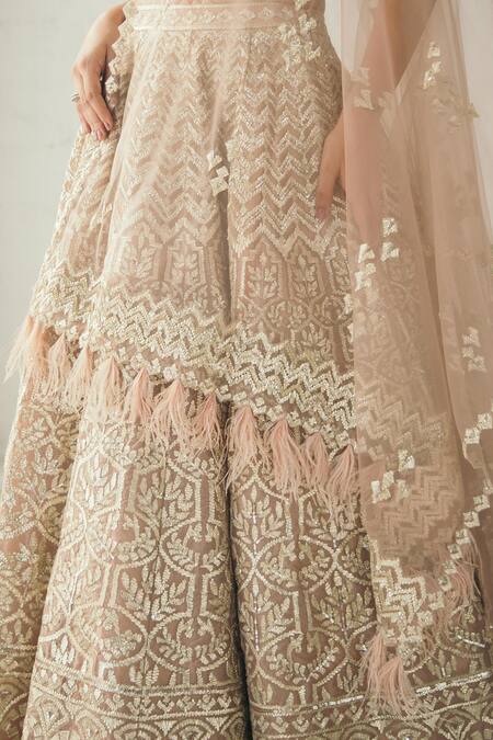 Studio Iris India_Beige Organza V Neck Embroidered Bridal Lehenga Set_at_Aza_Fashions