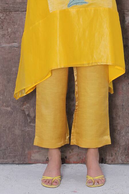 Oja_Yellow Kurta Handloom Tissue Silk, Pant Linen Satin Floral Applique And Set _Online_at_Aza_Fashions