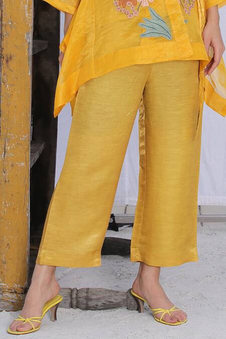 Buy_Oja_Yellow Bustier Linen Satin, Jacket Handloom Tissue Silk, Applique And Set _Online_at_Aza_Fashions
