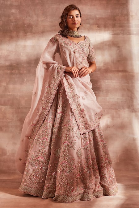 Studio Iris India_Pink Organza Leaf Neck Embroidered Bridal Lehenga Set_Online_at_Aza_Fashions
