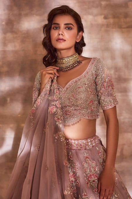 Studio Iris India_Pink Organza Leaf Neck Embroidered Bridal Lehenga Set_at_Aza_Fashions