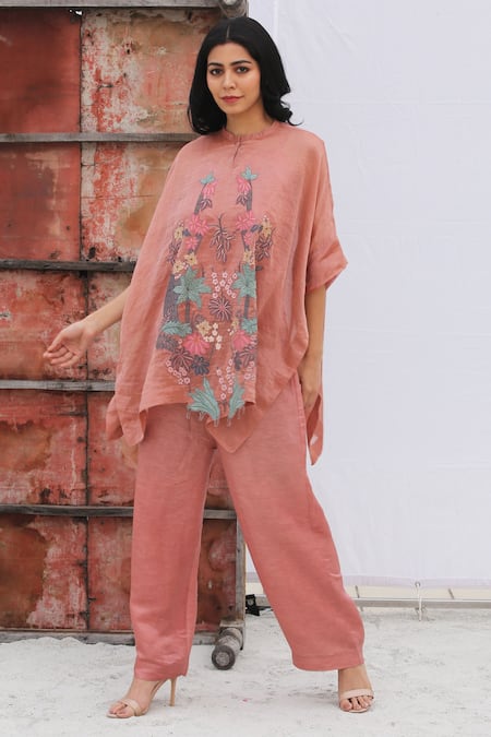 Oja Pink Pant Linen Satin, Tunic Handloom Tissue Silk Floral Mandarin And Set Online at Aza Fashions Oja_Pink Pant Linen Satin, Tunic Handloom Tissue Silk Floral Mandarin And Set _Online_at_Aza_Fashions