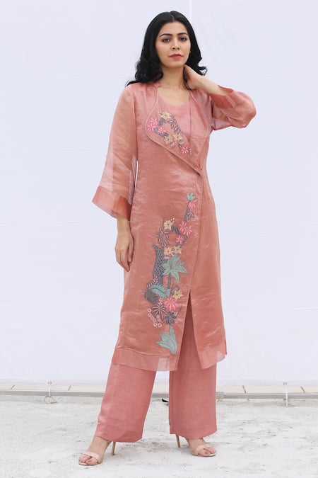 Oja Pink Bustier Satin, Jacket Handloom Tissue Silk, Pant And Set 