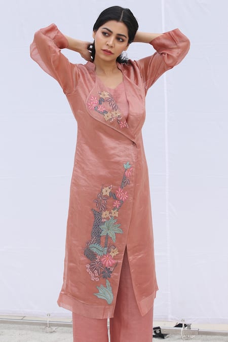 Shop Oja Pink Bustier Satin, Jacket Handloom Tissue Silk, Pant And Set at Aza Fashions Shop_Oja_Pink Bustier Satin, Jacket Handloom Tissue Silk, Pant And Set _at_Aza_Fashions