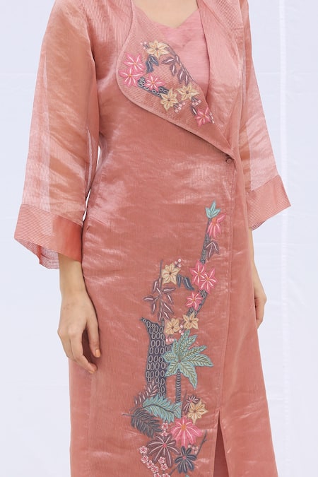 Oja Pink Bustier Satin, Jacket Handloom Tissue Silk, Pant And Set Online at Aza Fashions Oja_Pink Bustier Satin, Jacket Handloom Tissue Silk, Pant And Set _Online_at_Aza_Fashions