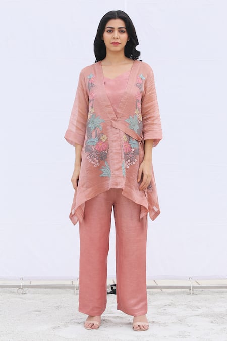 Oja Pink Bustier Satin, Jacket Handloom Tissue Silk, Pant And Set 