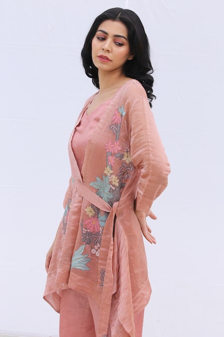 Shop Oja Pink Bustier Satin, Jacket Handloom Tissue Silk, Pant And Set at Aza Fashions Shop_Oja_Pink Bustier Satin, Jacket Handloom Tissue Silk, Pant And Set _at_Aza_Fashions