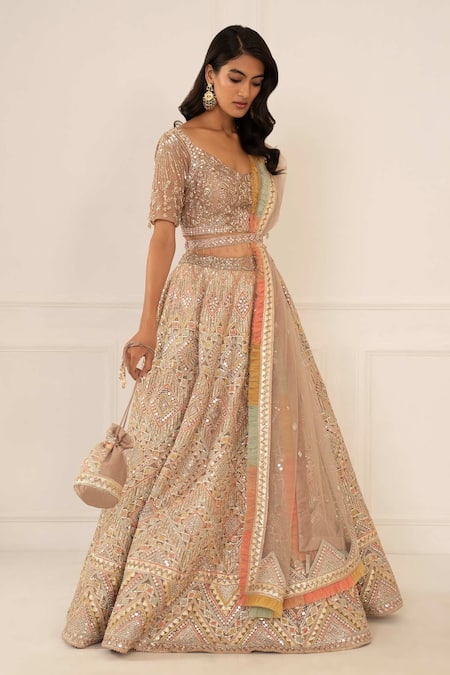 Studio Iris India_Multi Color Organza V Neck Embroidered Bridal Lehenga Set_Online_at_Aza_Fashions