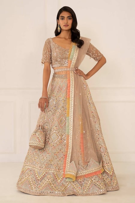 Buy_Studio Iris India_Multi Color Organza V Neck Embroidered Bridal Lehenga Set_Online_at_Aza_Fashions
