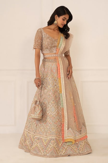 Shop_Studio Iris India_Multi Color Organza V Neck Embroidered Bridal Lehenga Set_Online_at_Aza_Fashions