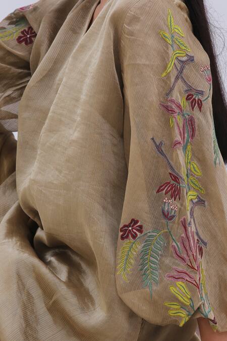 Oja Brown Pant Linen Satin, Tunic Handloom Tissue Silk Floral V Neck And Set Online at Aza Fashions Oja_Brown Pant Linen Satin, Tunic Handloom Tissue Silk Floral V Neck And Set _Online_at_Aza_Fashions