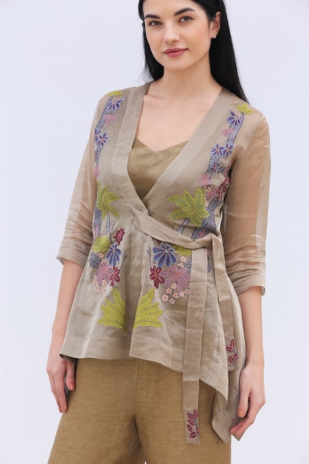 Shop Oja Brown Bustier Linen Satin, Jacket Handloom Tissue Silk, Pant Applique And Set at Aza Fashions Shop_Oja_Brown Bustier Linen Satin, Jacket Handloom Tissue Silk, Pant Applique And Set _at_Aza_Fashions