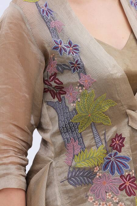 Oja Brown Bustier Linen Satin, Jacket Handloom Tissue Silk, Pant Applique And Set Online at Aza Fashions Oja_Brown Bustier Linen Satin, Jacket Handloom Tissue Silk, Pant Applique And Set _Online_at_Aza_Fashions