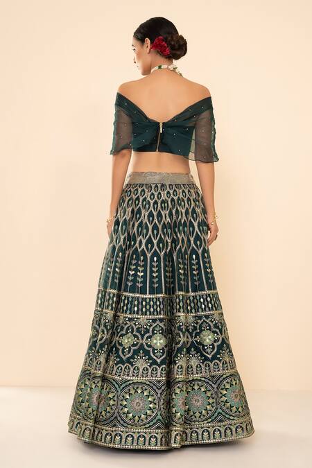 Shop_Studio Iris India_Green Organza One Shoulder Embroidered Lehenga And Blouse Set _at_Aza_Fashions