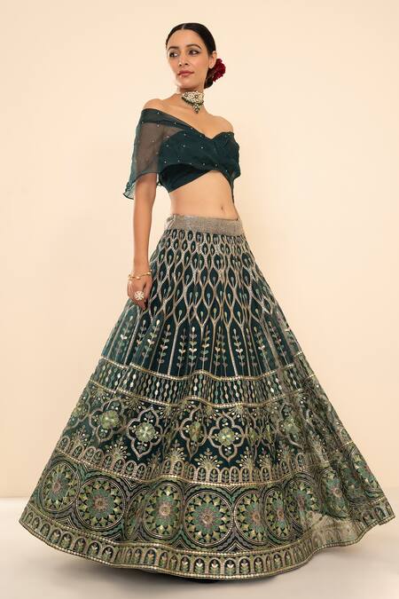 Studio Iris India_Green Organza One Shoulder Embroidered Lehenga And Blouse Set _Online_at_Aza_Fashions