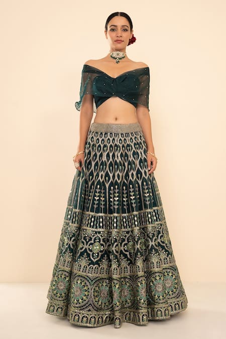 Buy_Studio Iris India_Green Organza One Shoulder Embroidered Lehenga And Blouse Set _Online_at_Aza_Fashions